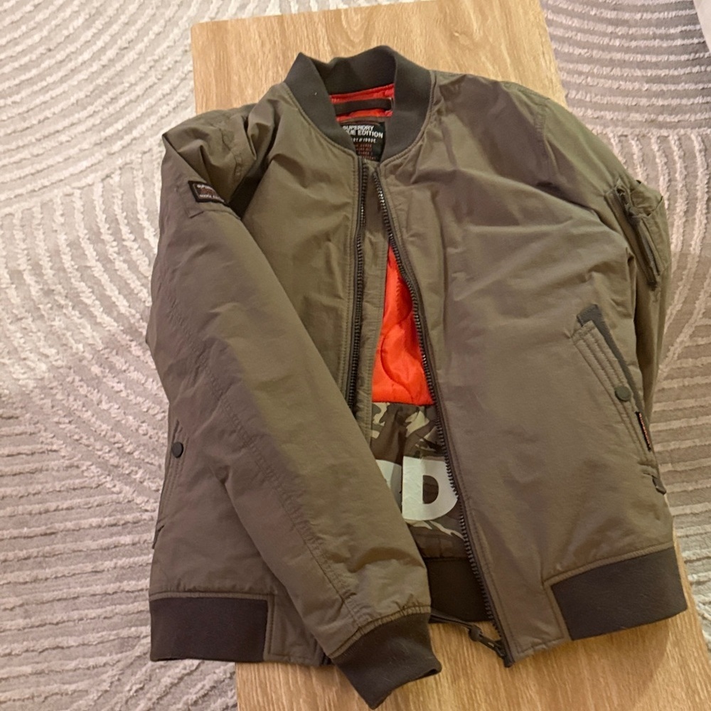 Superdry Olive Green Bomber Jacket with Orange Lining